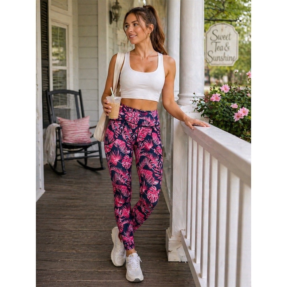 Simply Southern Leggings Women S High Rise Side Pockets Tropical Leaf athleisure